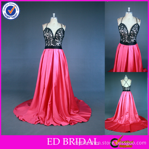 LN144 Real sample sexy backless criss cross spaghetti straps black lace top fuchsia prom dress patterns